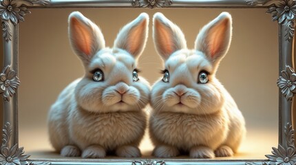 Cute fluffy rabbits in a decorative frame resembling a greeting card with soft features