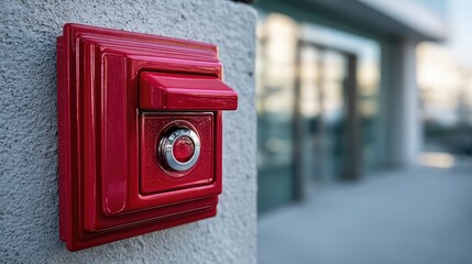 Close up of a bright red fire alarm call point mounted on a textured wall