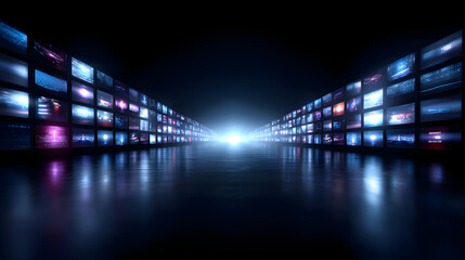 Digital Spectacle: A futuristic panorama unfolds, as screens cascade toward a radiant central light, creating a captivating vision of interconnected information and innovation.