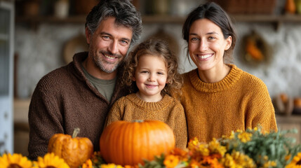 Family of three smiling warmly, surrounded by pumpkins and autumn flowers, creates cozy fall atmosphere