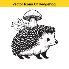 Black and White Line Art of a Hedgehog with Mushroom or Leaf – Easy Tracing Vector