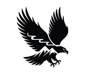 Obraz premium Majestic eagle soars with wings spread against mountains and clouds in a striking black silhouette on white.