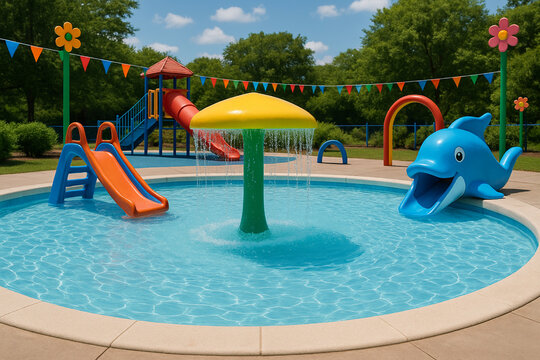Colorful kids' splash pad and playground with slides, a mushroom sprinkler, and dolphin water feature, surrounded by green trees on a sunny day