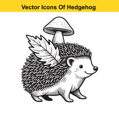 Black and White Line Art of a Hedgehog with Mushroom or Leaf – Easy Tracing Vector
