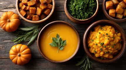 Rustic autumn meal featuring pumpkin soup, roasted vegetables, and fresh greens on wooden table