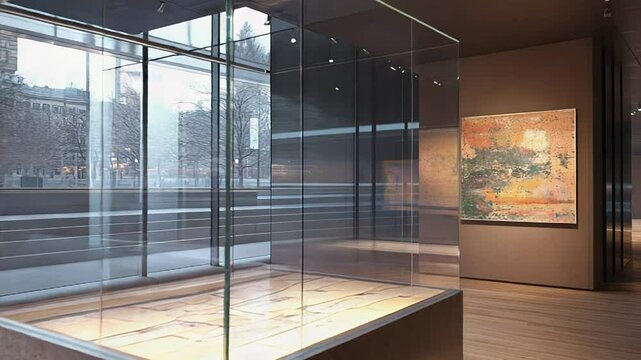 Empty glass display case in modern art gallery interior