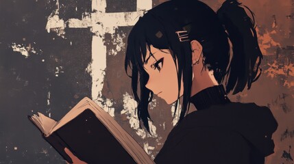 A young woman engrossed in reading a book against a textured wall.
