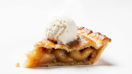 Slice of apple pie with ice cream, caramel glaze and crumbly crust, served on white plates. AI generated.