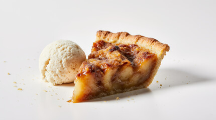Slice of apple pie with ice cream, caramel glaze and crumbly crust, served on white plates. AI generated.