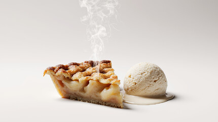 Slice of apple pie with ice cream, caramel glaze and crumbly crust, served on white plates. AI generated.