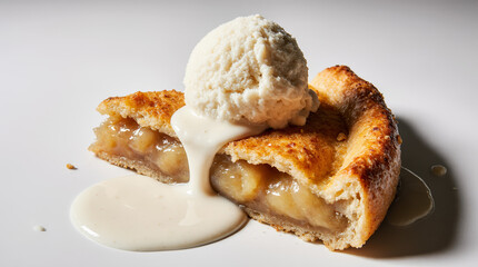 Slice of apple pie with ice cream, caramel glaze and crumbly crust, served on white plates. AI generated.