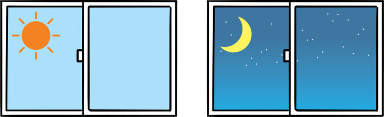 朝と夜の窓のイラスト(ベクター)