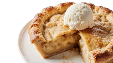 Slice of apple pie with ice cream, caramel glaze and crumbly crust, served on white plates. AI generated.