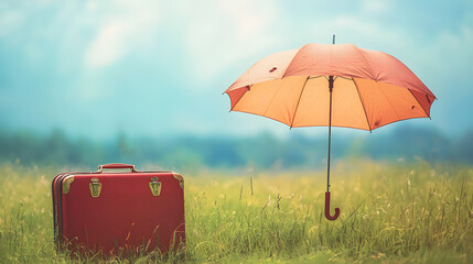 Suitcase with umbrella, travel insurance advertisement concept