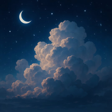 Dreamy Night Sky with Majestic Cumulus Clouds and Crescent Moon