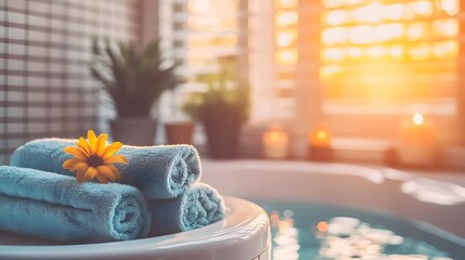 Rolled towels resting on a tray in a spa-like setting.