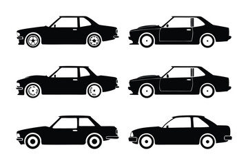Classic Automobile Silhouette: A collection of six sleek black coupe cars, rendered in a clean silhouette style, perfect for design and automotive themes. 