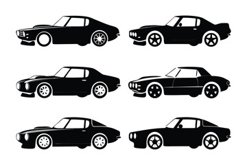 Classic Muscle Cars in Silhouette: A striking, high-contrast image presents a selection of iconic classic muscle cars, each rendered in sleek black silhouette.
