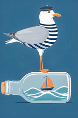 Cartoon Seagull Wearing Hat on Glass Bottle with Miniature Yellow Sailboat on Blue Background