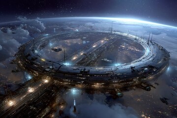 futuristic orbital spaceport floating in deep space, massive ring-shaped docking hub, backdrop of stars and planet
