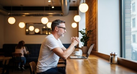 Adult Man Working on Laptop in Cozy Cafe with Natural Light and Modern Decor