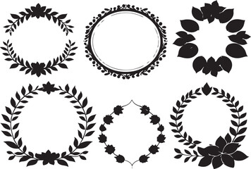 Obraz premium Collection of six floral wreath designs in black and white illustration