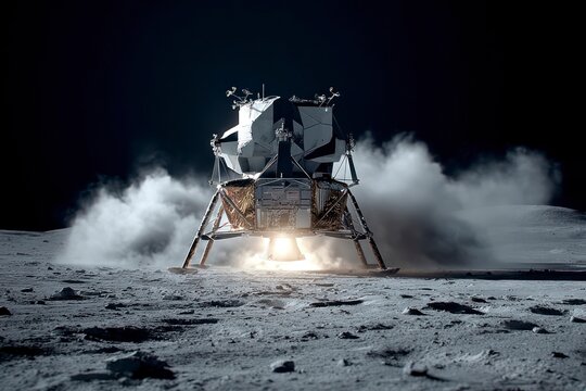 lunar lander making contact with the Moon dusty surface, landing legs touching down and kicking up a cloud of  dust.