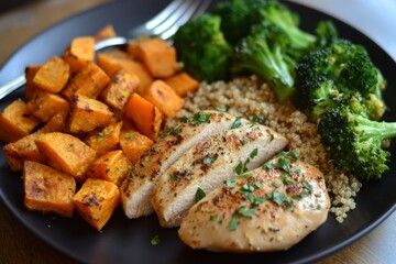 plate of a healthy, protein-packed meal, grilled chicken breast, topped with a sprinkle of fresh herbs, quinoa, roasted pumpkin and broccoli on rustic, matte black plate on wood background 