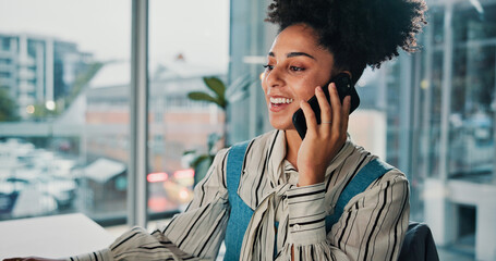 Happy, business woman or consultant with phone call in office for finance advice or discussion....