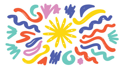 Naklejka premium Colorful abstract shapes and lines with a central yellow flower on a white background design element