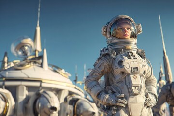 female astronaut in a next-generation space suit standing proudly in front of a futuristic space base on an alien planet. science, resilience, and interplanetary innovation