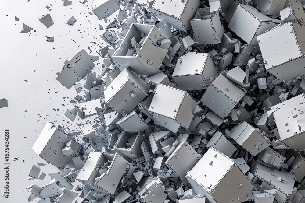 Aufkleber three-dimensional assemblage of shattering cube pieces in chaotic pattern