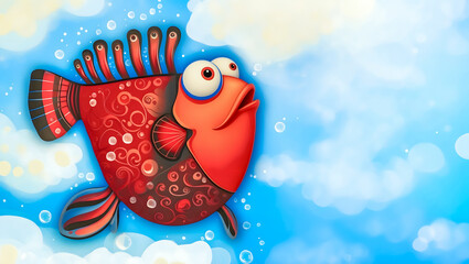 Vibrant Red Cartoon Fish with Swirling Patterns, Expressive Eyes, and Decorative Fins Against Soft Blue Underwater Background