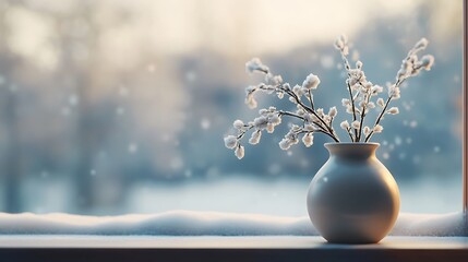 Winter snow scene with vase of frosted branches by window for seasonal holiday home decor and background