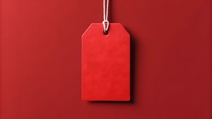 A single red gift tag hangs suspended against a solid red background