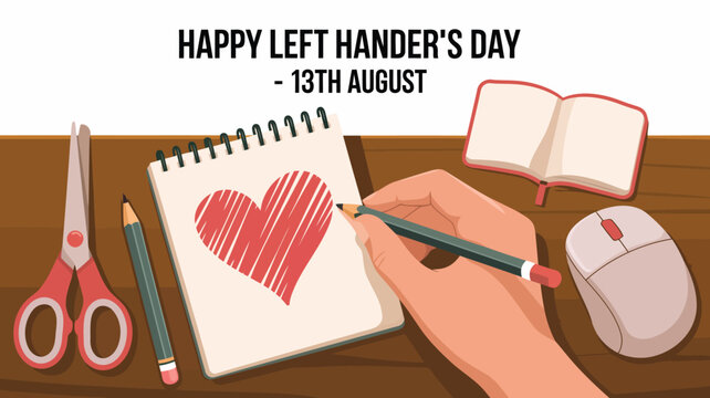 Celebrate happy left hander's day with drawing heart notebook pencil mouse and scissors august