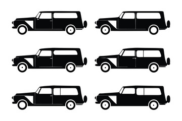 Fototapeta premium Vintage Station Wagon Silhouettes: Set of six black vintage station wagon silhouettes showcasing the classic design and timeless charm of classic vehicles. 