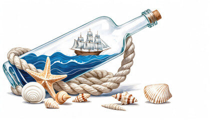 Detailed Nautical Digital Illustration of Sailing Ship in Glass Bottle Surrounded by Seashells and Coiled Rope on White Background