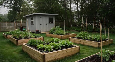 Home Garden with Raised Beds and Green Plants