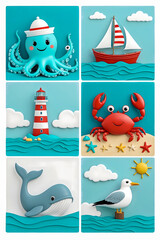 Colorful Nautical Cartoon Illustration with Octopus, Sailboat, Lighthouse, Crab, Whale, and Seagull in Six Panel Grid