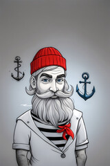 Stylized Digital Portrait of Bearded Sailor Wearing Red Beanie and Neckerchief with Symmetrical Black Anchor Illustrations