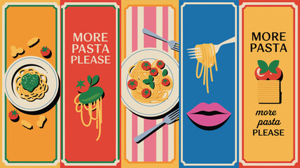 Delicious pasta dishes illustration for food lovers and restaurant promotion, colorful design art