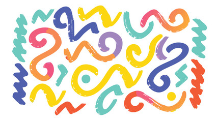 An abstract arrangement of colorful brush strokes and curved lines on a white background design is shown
