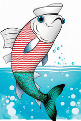 Anthropomorphic Cartoon Fish Wearing Striped Shirt and Sailor Hat with Blue-Green Scales and Bubbles on Turquoise Water Background