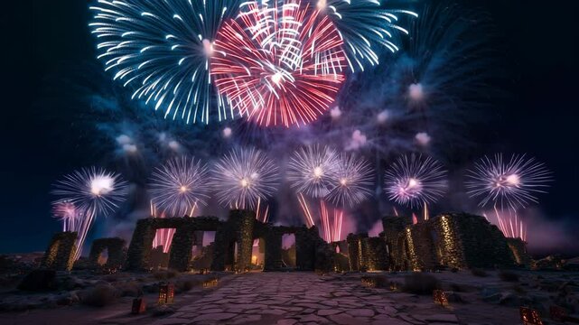 古城跡に映える荘厳な花火の夜