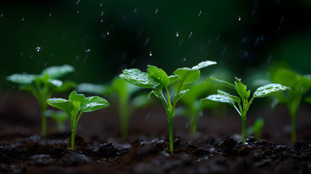 Fototapeta Life Giving Rain: A close-up of fresh green sprouts drinking in nourishing raindrops, an ode to nature's gentle touch, flourishing in the nurturing embrace of the earth, conveying themes of growth.