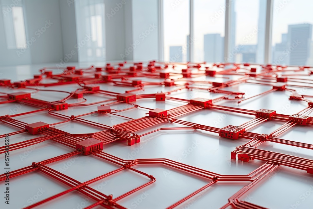 Poster revolutionizing conceptual red circuitry network model on a pristine white surface