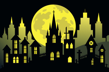 Fototapeta premium Spooky cityscape with haunted houses and a full moon creates a chilling backdrop for Halloween designs.