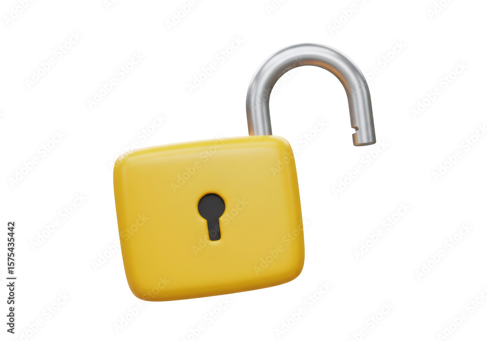 Poster golden metallic unlocked padlock symbol on transparent background in a 3d render