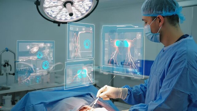 In an advanced operating theater, a surgeon employs augmented reality projections for real-time visualization of vessels